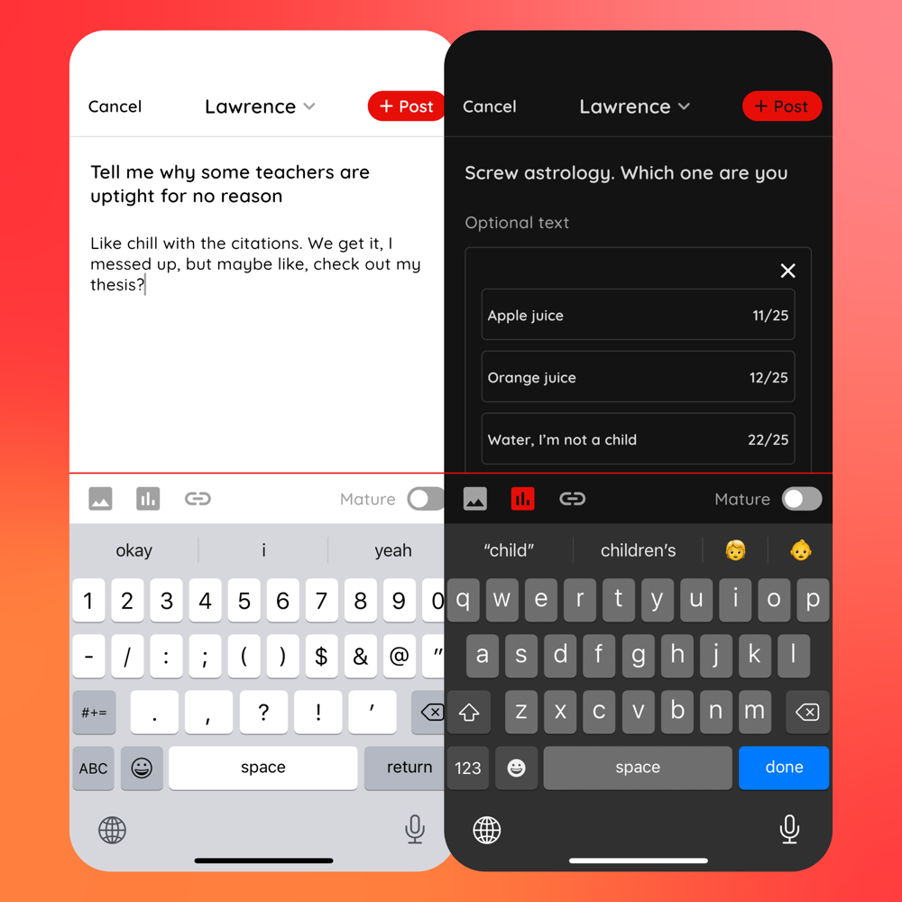 Convo screenshot: the post composer, with options for polls and a mature-content flag.