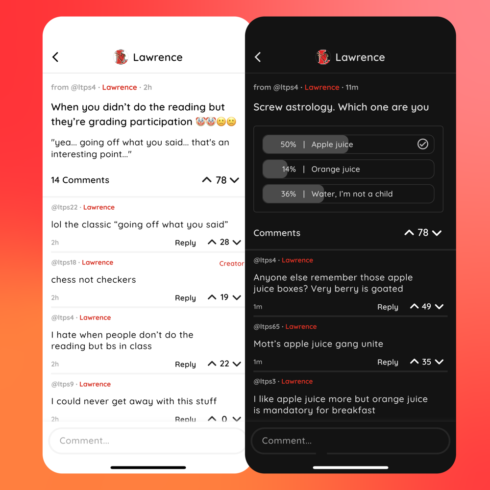 Convo screenshot: an anonymous post with a comment thread and a poll, shown in light and dark themes.