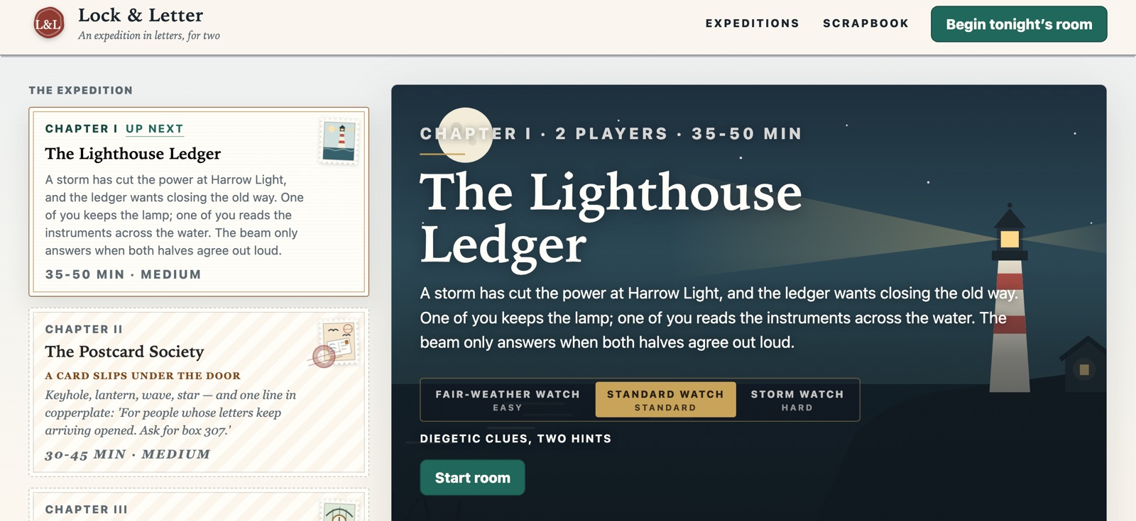 The Lock & Letter catalog page: an expedition list of three chapters on the left, and a panel for The Lighthouse Ledger on the right with a lighthouse illustration, a difficulty selector, and a Start room button.