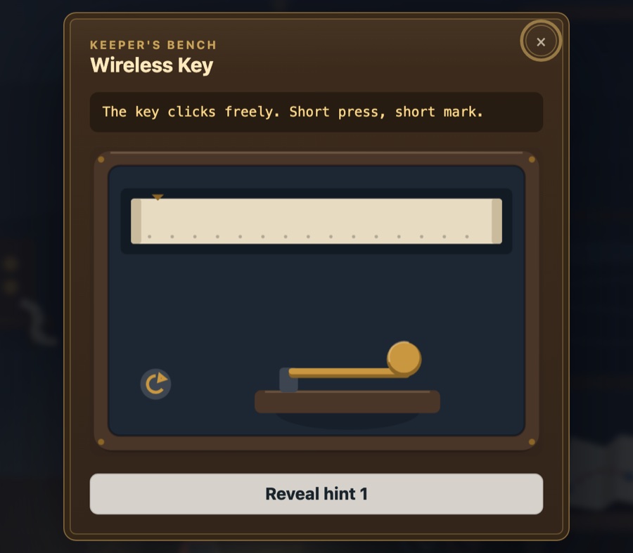 A game panel headed Keeper's Bench, Wireless Key, showing a telegraph key and a blank paper tape. The only instruction reads: the key clicks freely, short press, short mark. There is no answer box.