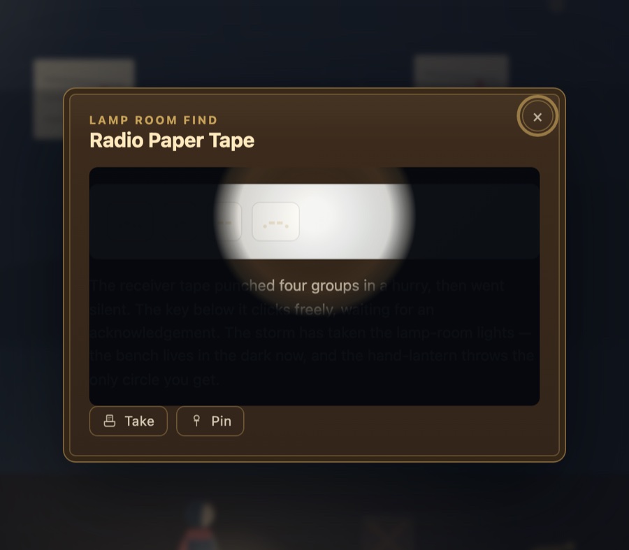 A game panel headed Lamp Room Find, Radio Paper Tape. A strip of punched tape sits mostly in darkness with one bright circle of lantern light falling across it, and the paragraph below is dim and half-legible.