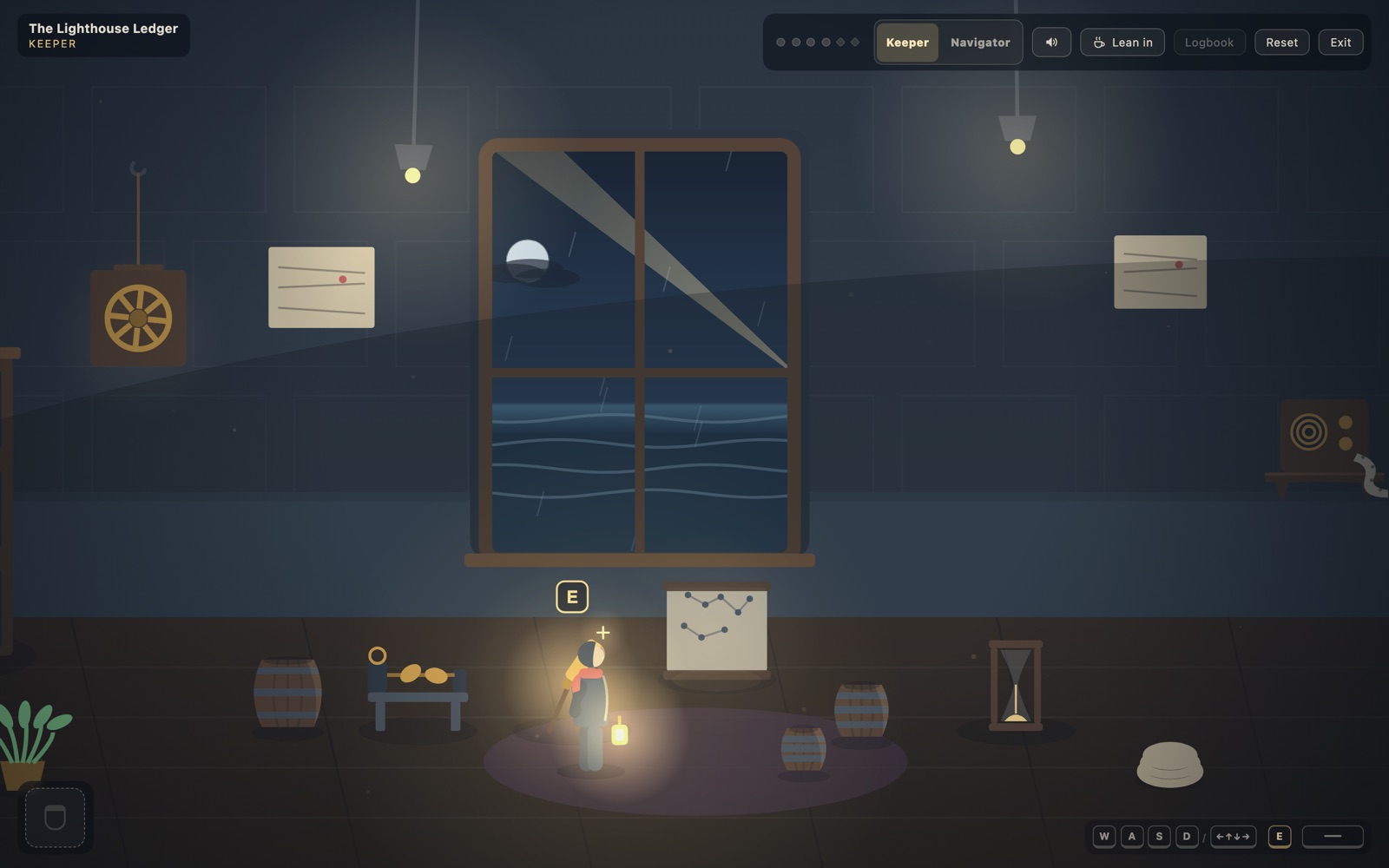 The Keeper's room in The Lighthouse Ledger, drawn in flat vector shapes: hanging lamps, charts pinned to the wall, barrels and an hourglass, a rain-streaked window onto a night sea with the moon low over the water, and a small figure carrying a lit lantern.